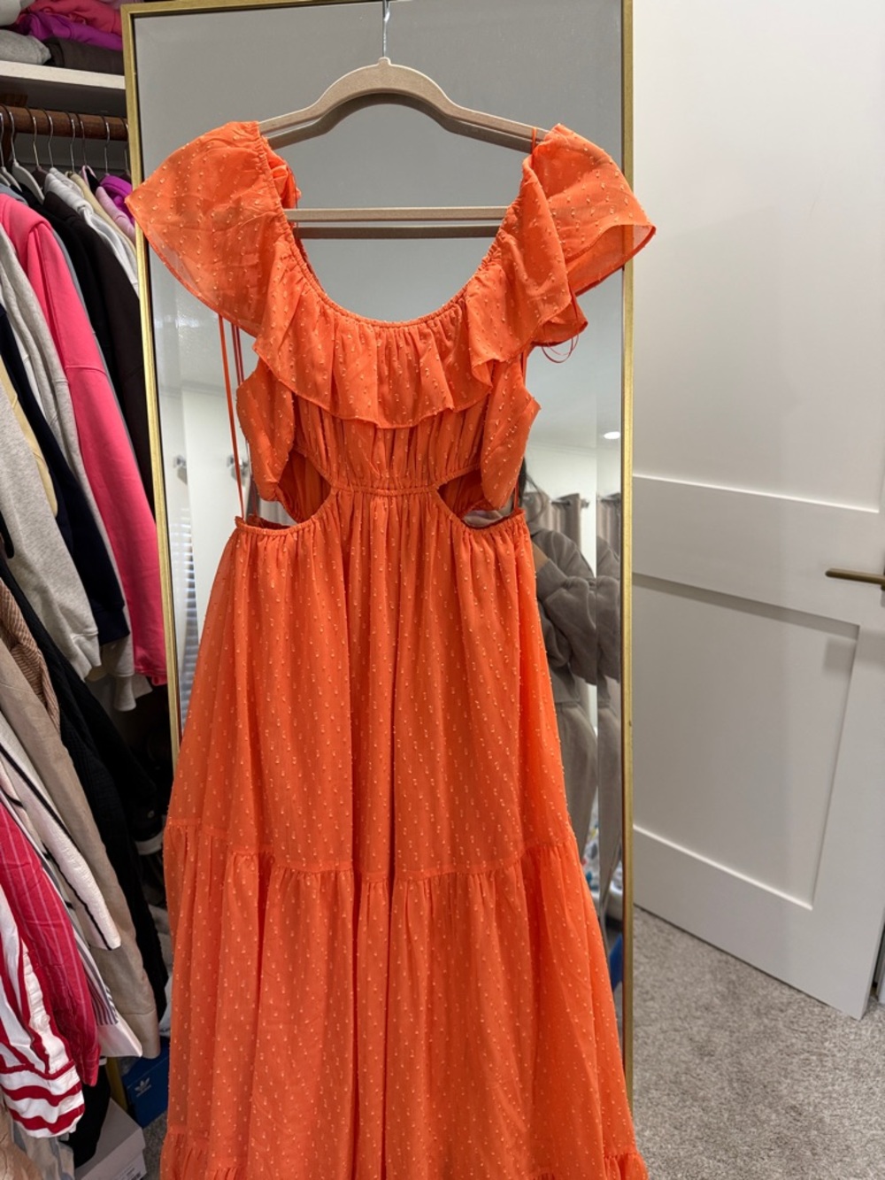 Vibrant Orange Ruffle Maxi Dress with Side Cutouts